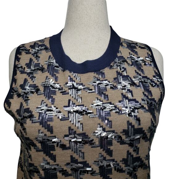 Ann Taylor Sweater Vest Size XL Sequined Houndstooth Knit Navy Beige Sleeveless - Picture 4 of 10